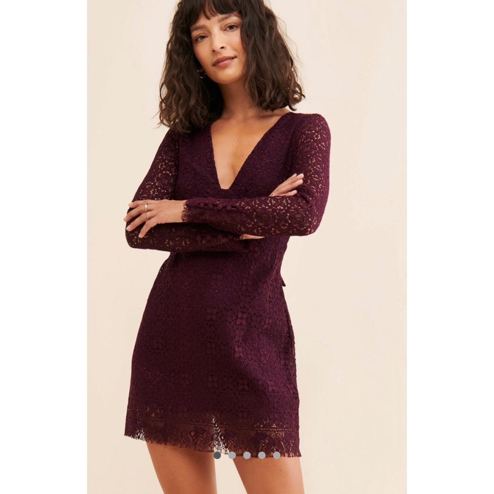Free People Honey Honey mini dress Burgundy Lace V-Neck Open Back Long Sleeve